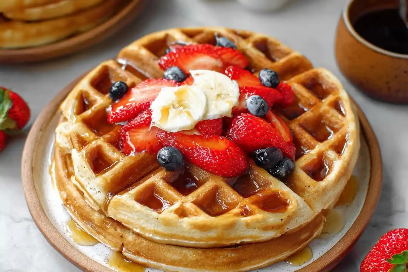 A delicious stack of {{ $('Fetch Recipe Data').first().json["Main Keyword"] }} topped with strawberries, blueberries, bananas, and syrup.