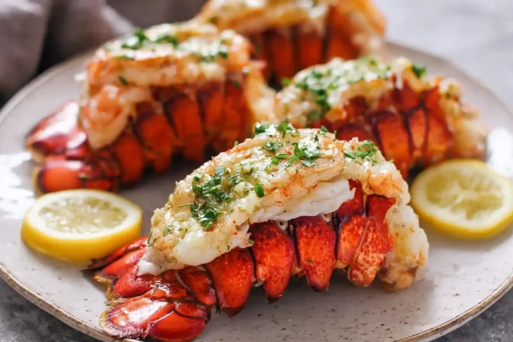 Plate featuring four juicy Broiled Lobster Tails topped with garlic butter and fresh herbs next to lemon slices.