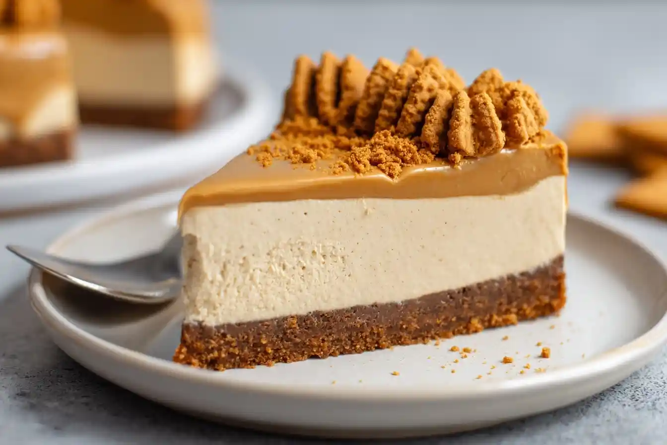 Slice of creamy Biscoff cheesecake with a cookie butter topping and crumbled cookies on a white plate.