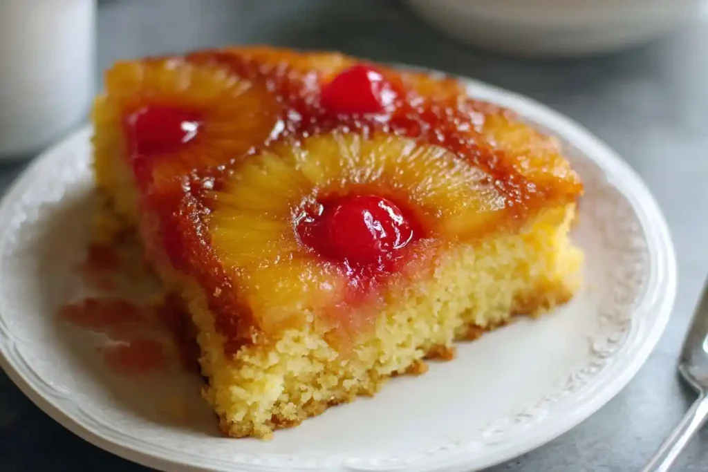 Slice of moist pineapple upside-down cake topped with caramelized pineapple rings and cherries on a white plate.