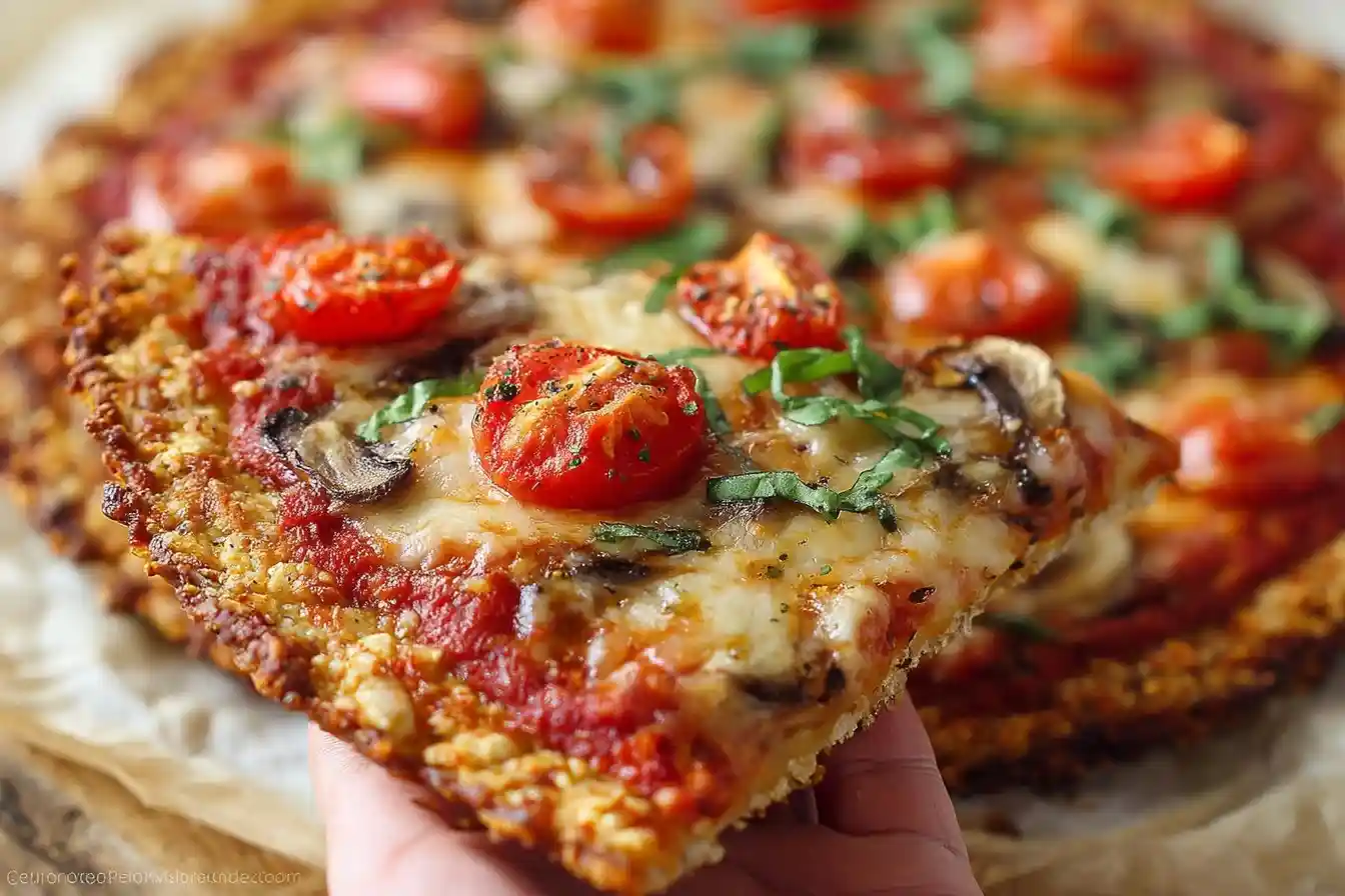 Hand holding a slice of crispy cauliflower pizza crust topped with melted cheese, roasted tomatoes, and mushrooms.