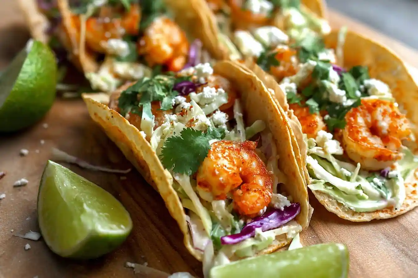 Close-up of three seasoned Shrimp Tacos filled with slaw, cheese, and cilantro on a wooden board with fresh limes.