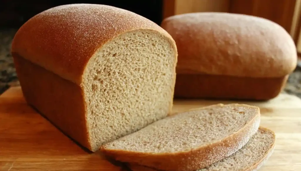 Close-up of a sliced loaf of whole wheat bread on a wooden cutting board, showing the soft, airy texture.