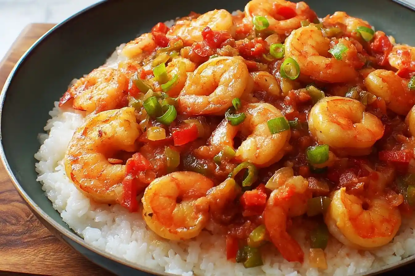 Close-up of authentic Shrimp Creole with bell peppers and green onions served over white rice.