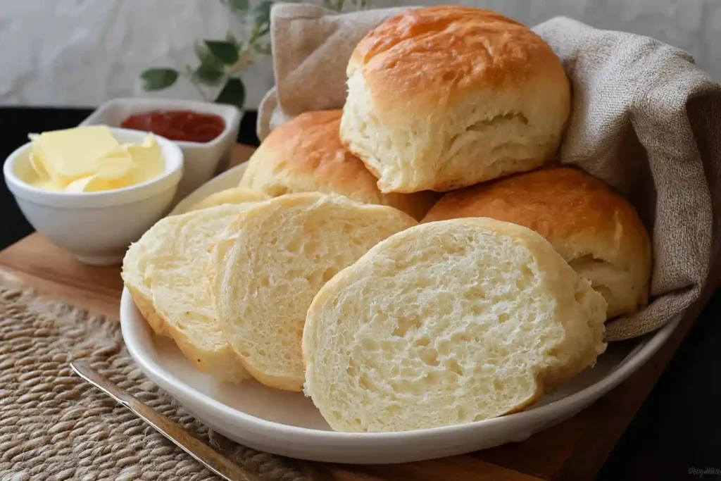 A plate of freshly baked soft dinner rolls, some sliced to show the fluffy interior, served with bowls of butter and jam.