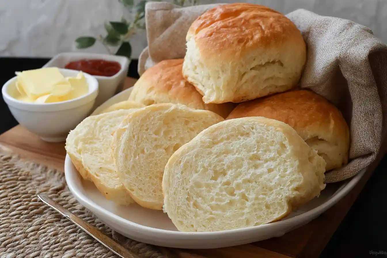 A plate of freshly baked soft dinner rolls, some sliced to show the fluffy interior, served with bowls of butter and jam.