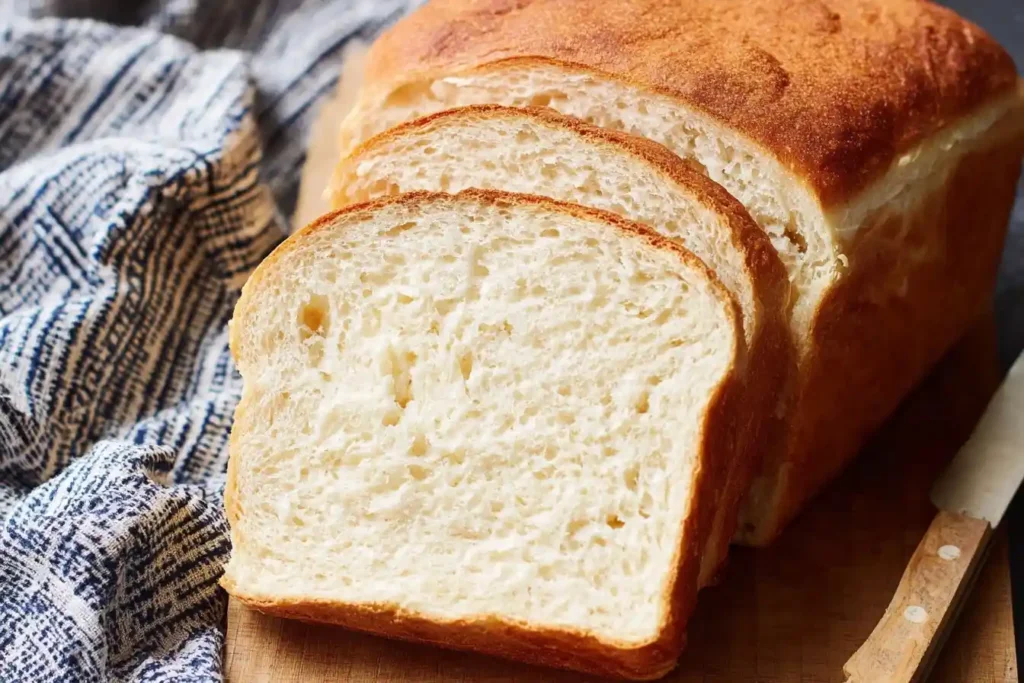 Sliced loaf of soft homemade white bread on a wooden cutting board next to a blue towel