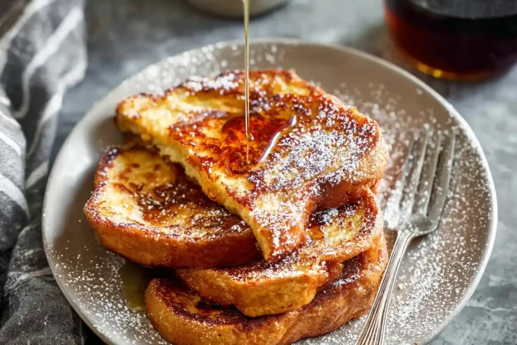 A stack of golden French toast from a classic recipe, being drizzled with syrup and dusted with powdered sugar on a plate.