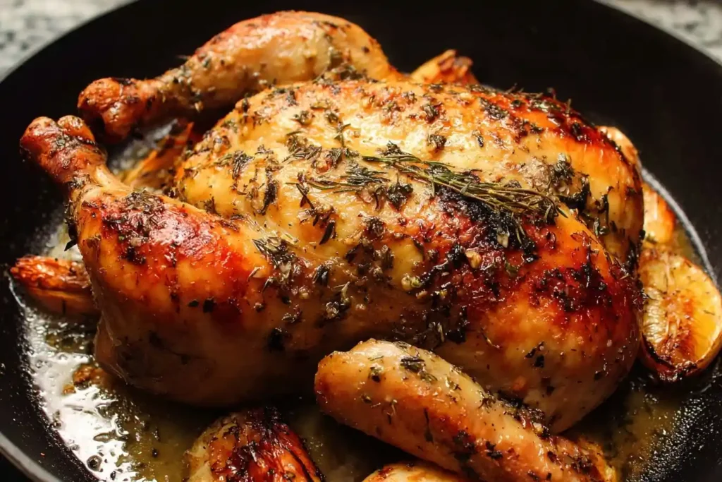 Golden brown whole roasted chicken in a skillet, seasoned with fresh thyme and roasted lemon wedges.