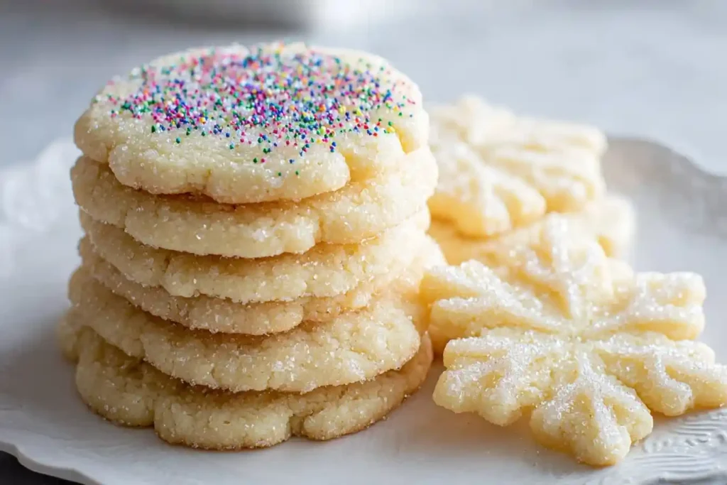 A stack of soft sugar cookies with rainbow sprinkles and snowflake-shaped cookies on a white plate.