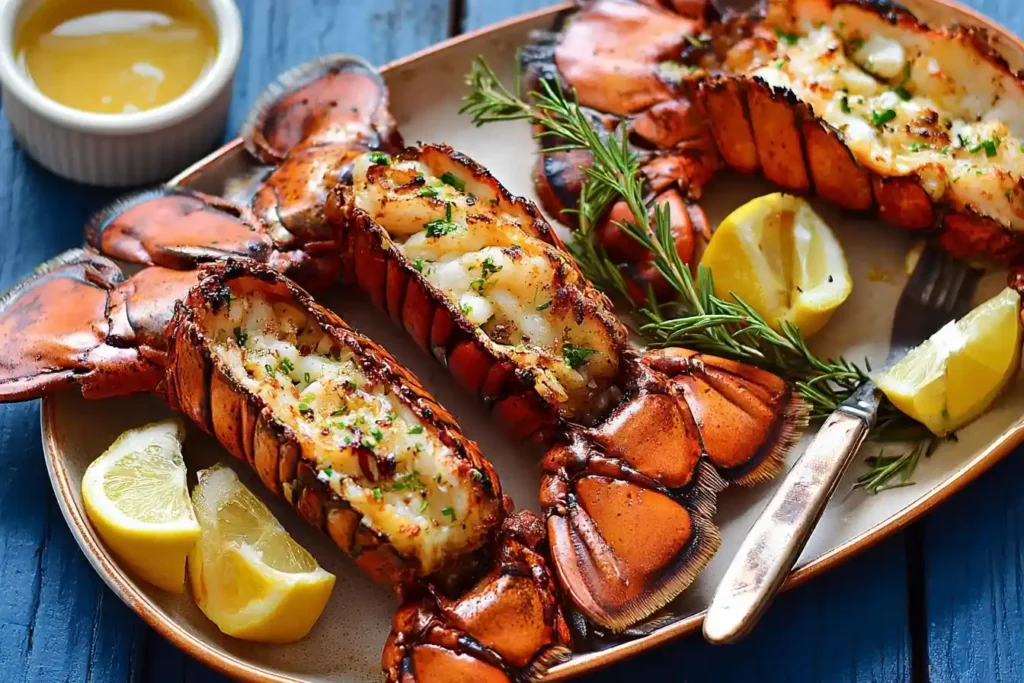 Close-up view of succulent grilled lobster tails served with fresh lemon wedges and melted butter.