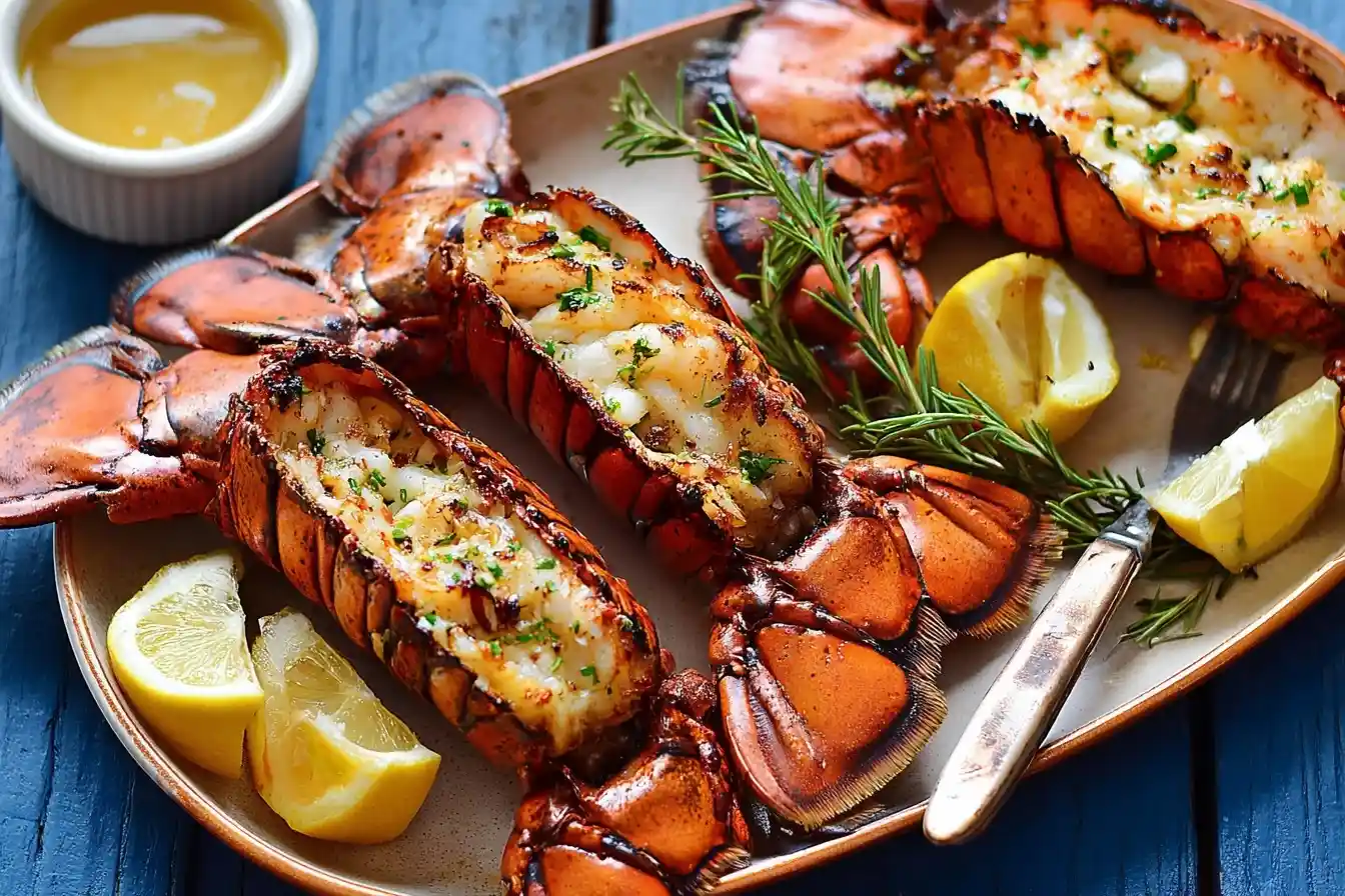 Close-up view of succulent grilled lobster tails served with fresh lemon wedges and melted butter.