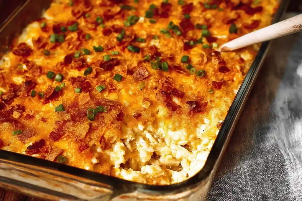 A delicious Chicken Bacon Ranch Casserole in a glass dish, topped with melted cheese, crispy bacon, and fresh green onions.