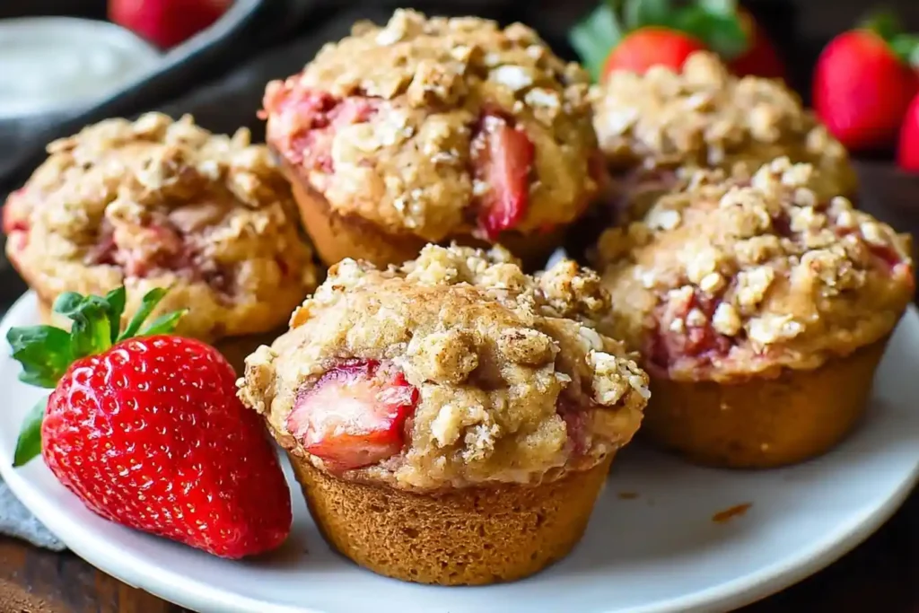 Close-up of golden brown strawberry muffins with crumb topping on a white plate next to a fresh strawberry.