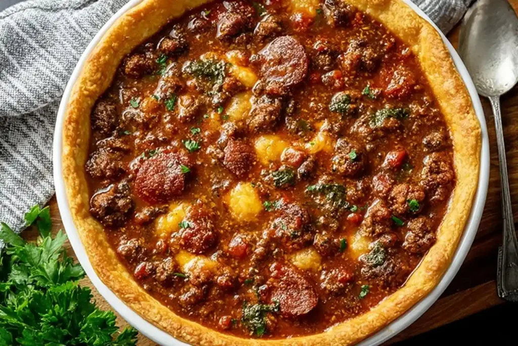 Overhead view of a cheesy Pizza Pot Pie in a white baking dish with pepperoni and a golden crust.