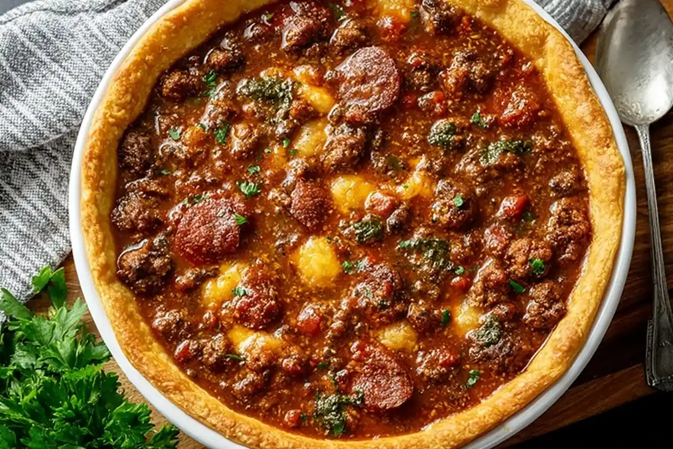 Overhead view of a cheesy Pizza Pot Pie in a white baking dish with pepperoni and a golden crust.