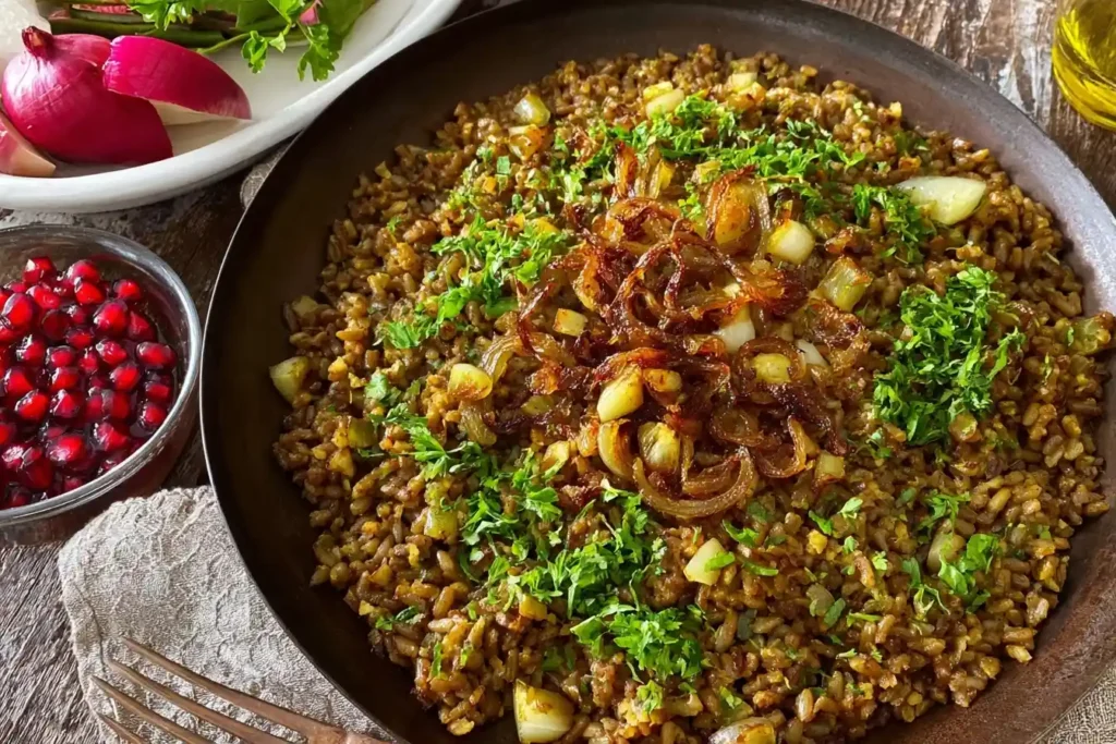 Bowl of Mujadara garnished with caramelized onions and parsley served with pomegranate seeds