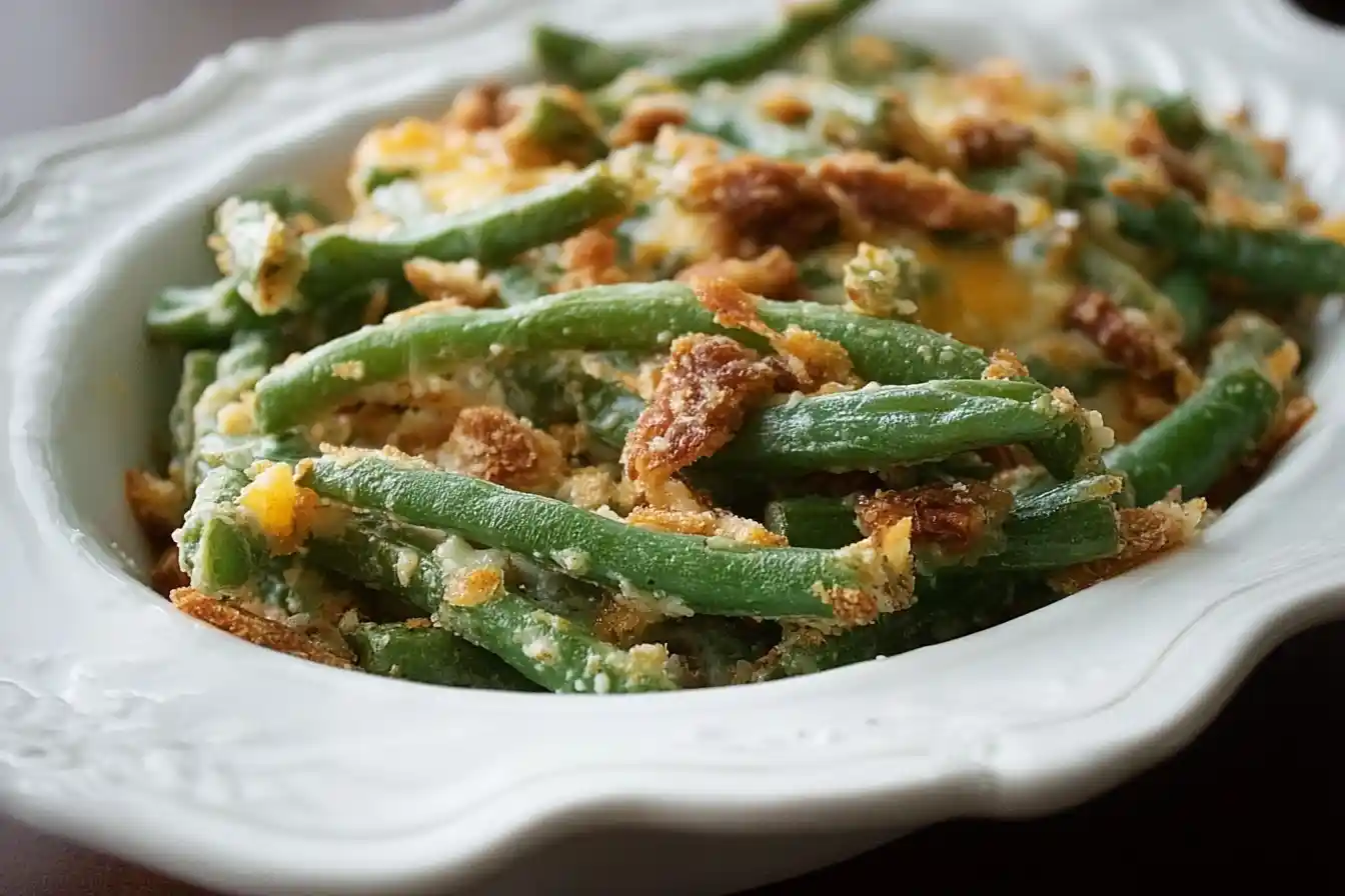 A close-up of a classic green bean casserole in a white serving dish, topped with golden crispy fried onions.