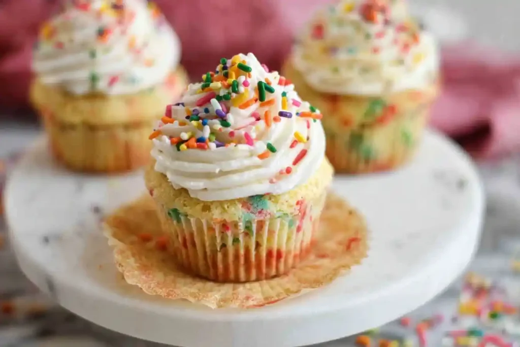 A close-up of a homemade confetti cupcake with white frosting and colorful rainbow sprinkles on a marble cake stand.