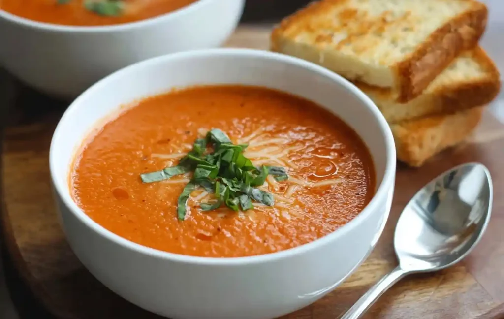 A white bowl of creamy tomato soup topped with fresh basil and cheese, with a side of toasted bread and a spoon.