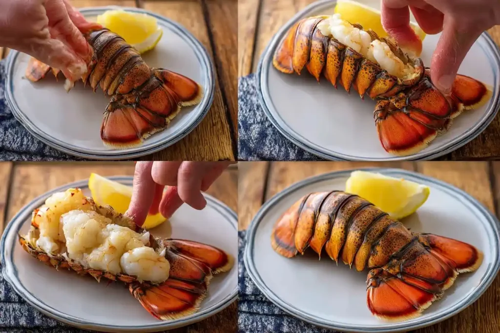 Collage of steps showing how to butterfly a cooked lobster tail on a white plate with lemon