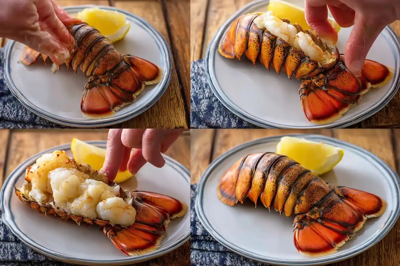 Collage of steps showing how to butterfly a cooked lobster tail on a white plate with lemon