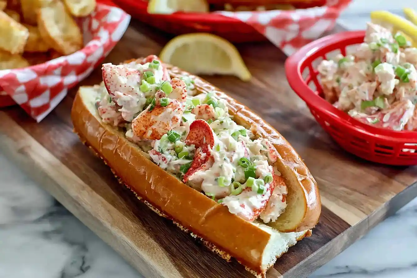 Close-up of a loaded lobster roll served on a toasted split-top bun with lemon wedges on a wooden board.