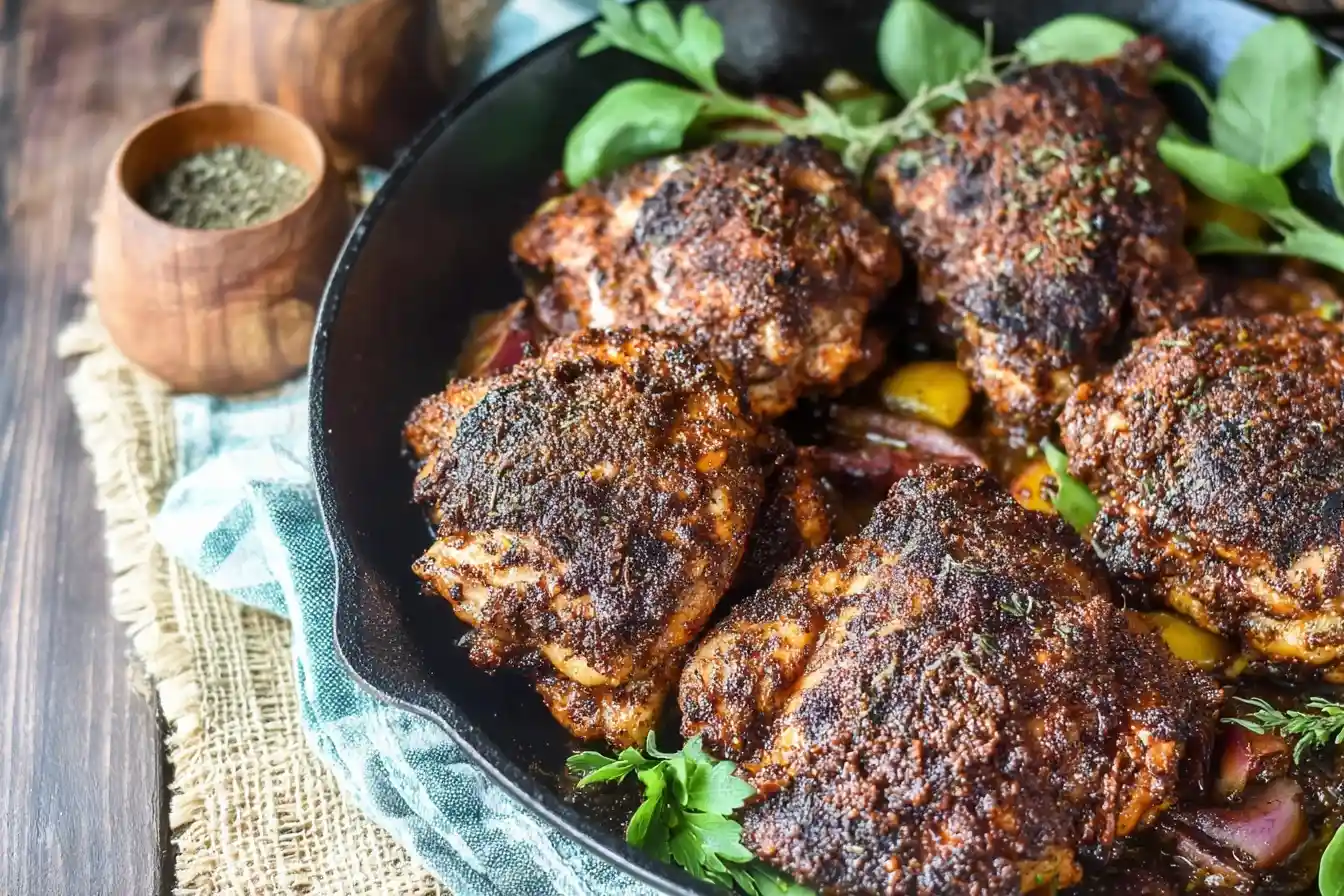 Close-up of crispy Cast Iron Chicken Thighs seared in a black skillet and garnished with fresh herbs.