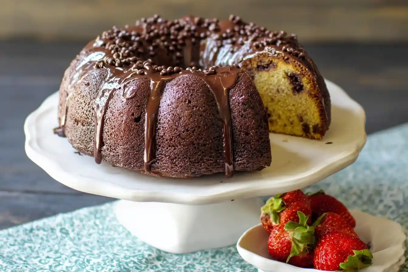 Sliced Chocolate Chip Bundt Cake with chocolate glaze and sprinkles on a white cake stand.
