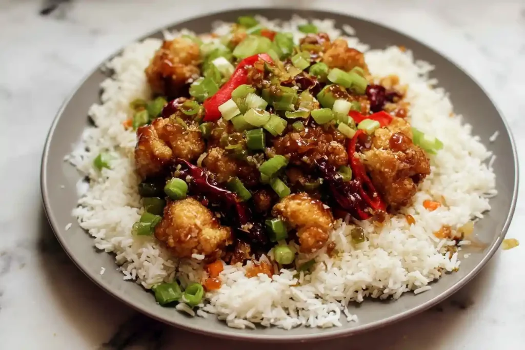 Plate of crispy General Tso's Cauliflower with sticky sauce, dried chilies, and green onions served over white rice.