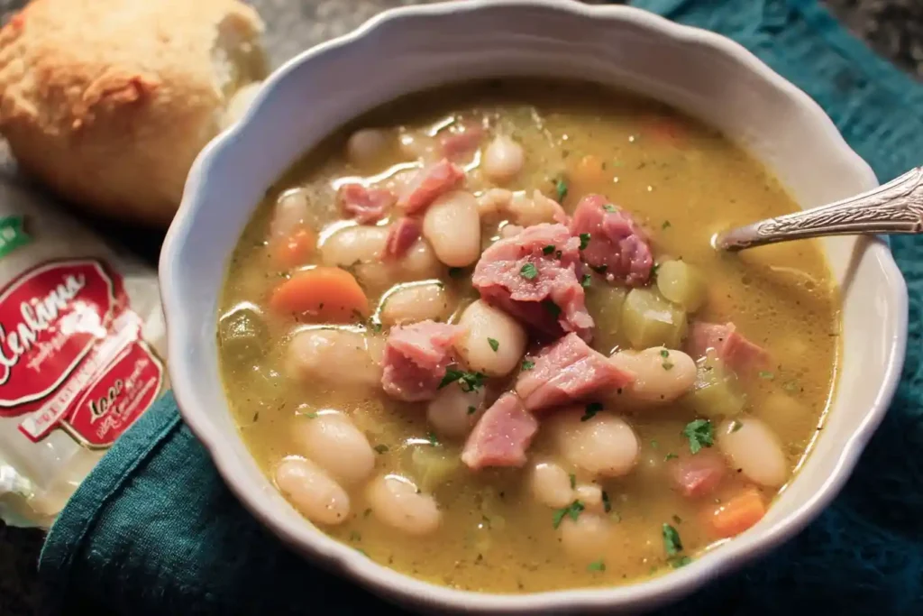 A white bowl filled with hearty ham and bean soup, featuring white beans, ham chunks, carrots, and celery.