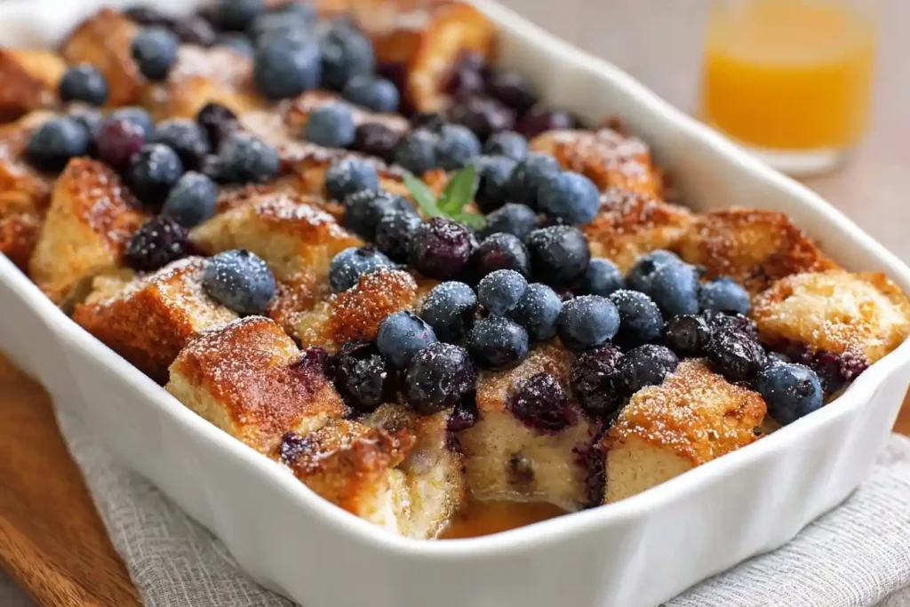 A close-up of a golden-baked Blueberry French Toast Casserole in a white dish, topped with fresh berries and powdered sugar.