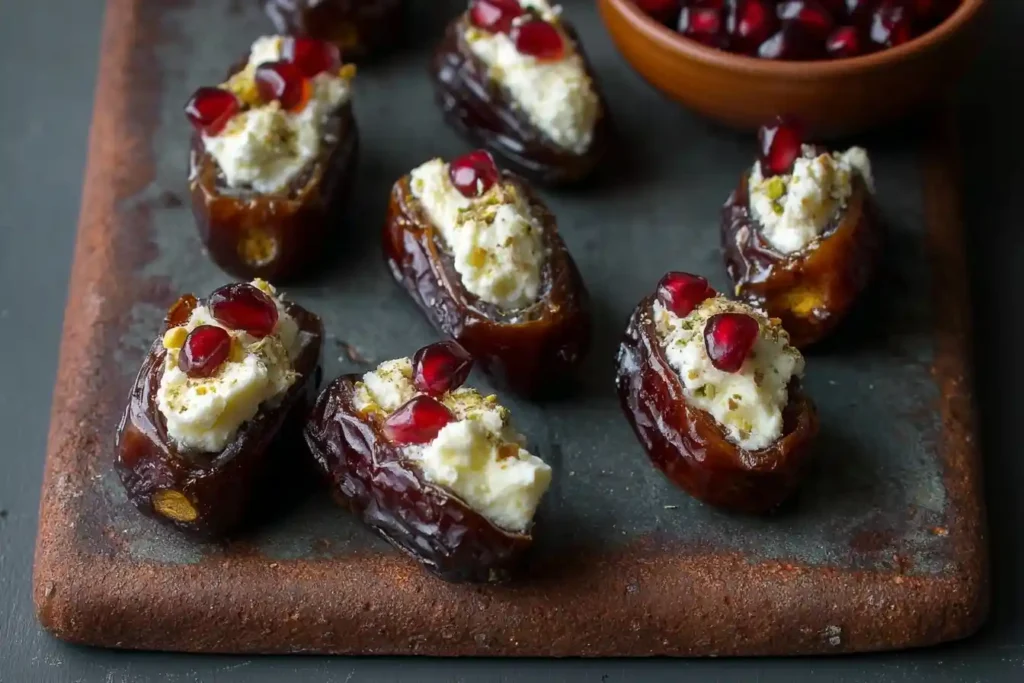 Appetizer tray of stuffed dates filled with goat cheese, pistachios, and pomegranate seeds.