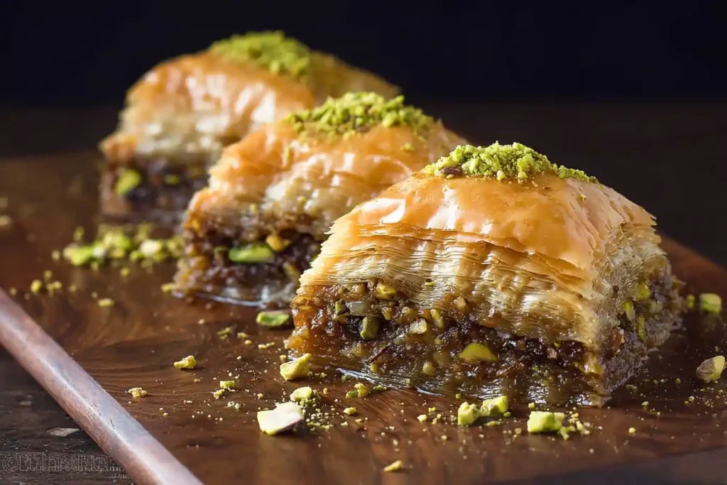 Close-up of three pieces of golden, flaky baklava topped with chopped pistachios on a dark wooden serving board.
