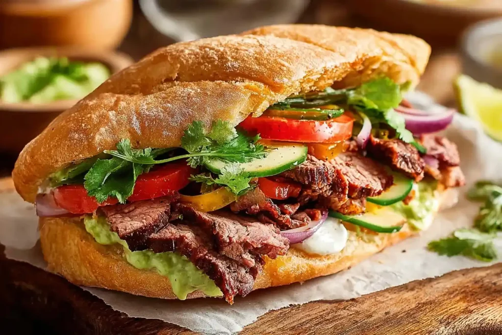 Close-up of a delicious Carne Asada Torta filled with grilled steak, avocado, tomato, and cilantro on a crusty roll.
