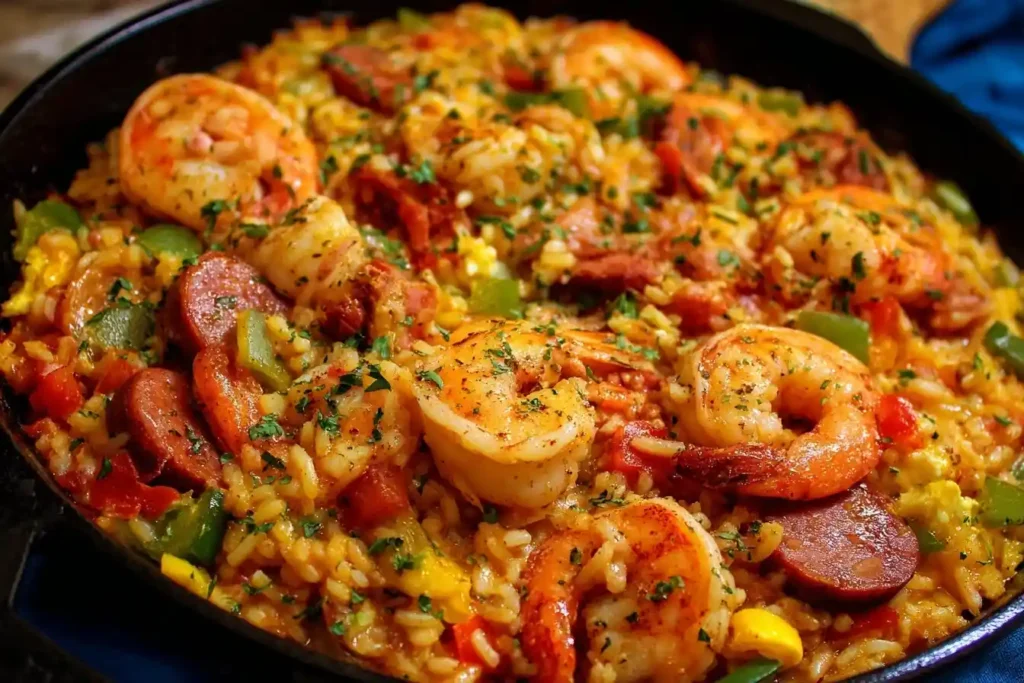 Close-up overhead view of a skillet filled with Shrimp and Sausage Paella, garnished with fresh parsley.