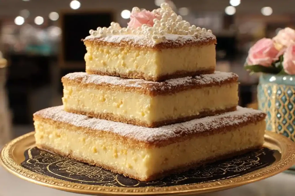 Three-tiered Magic Cake on a gold platter, dusted with powdered sugar and topped with pearls and a pink flower.