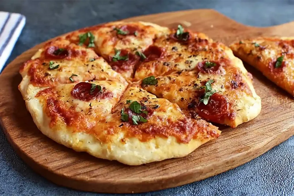 A personal-sized air fryer pizza with pepperoni, melted cheese, and fresh herbs, sliced on a wooden board.