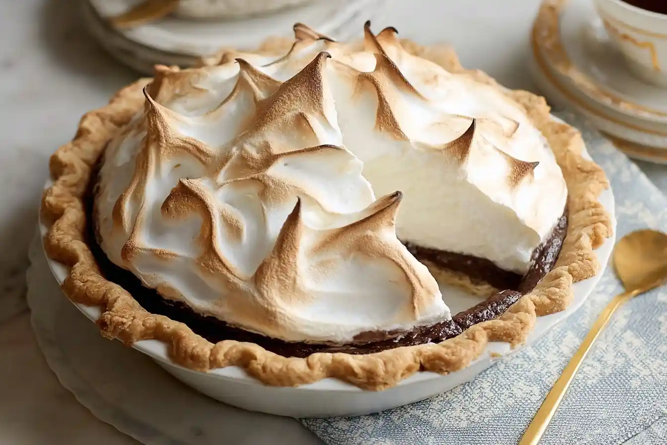 A beautiful chocolate meringue pie in a white dish, with a slice removed to show the rich filling under toasted meringue peaks.
