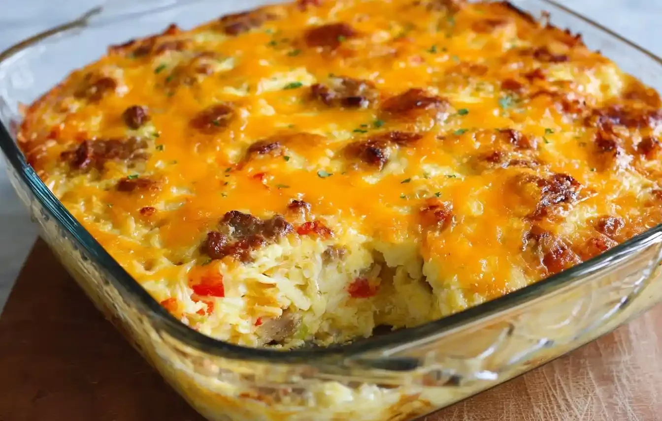 A close-up of a cheesy sausage and egg breakfast casserole in a glass dish with a serving scooped out.