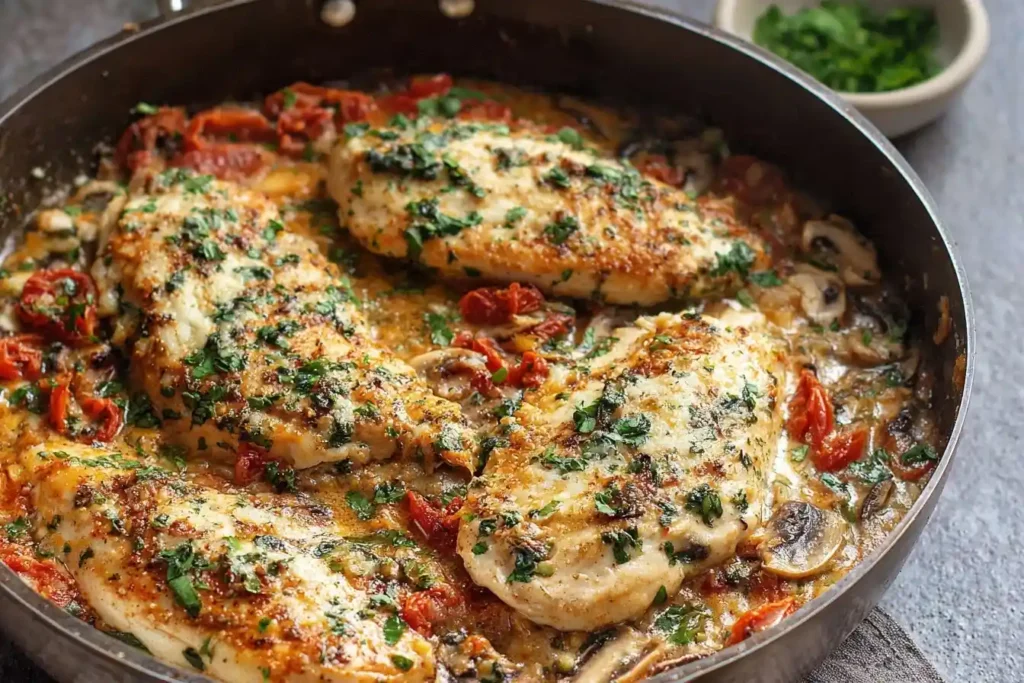 Large skillet filled with Creamy Tuscan Chicken, mushrooms, and sun-dried tomatoes garnished with fresh herbs.