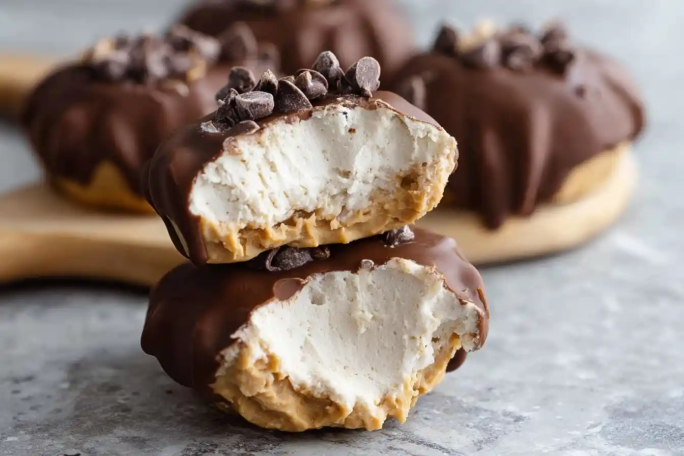 Close-up stack of healthy homemade Snickers showing the creamy nougat and peanut butter layers inside.