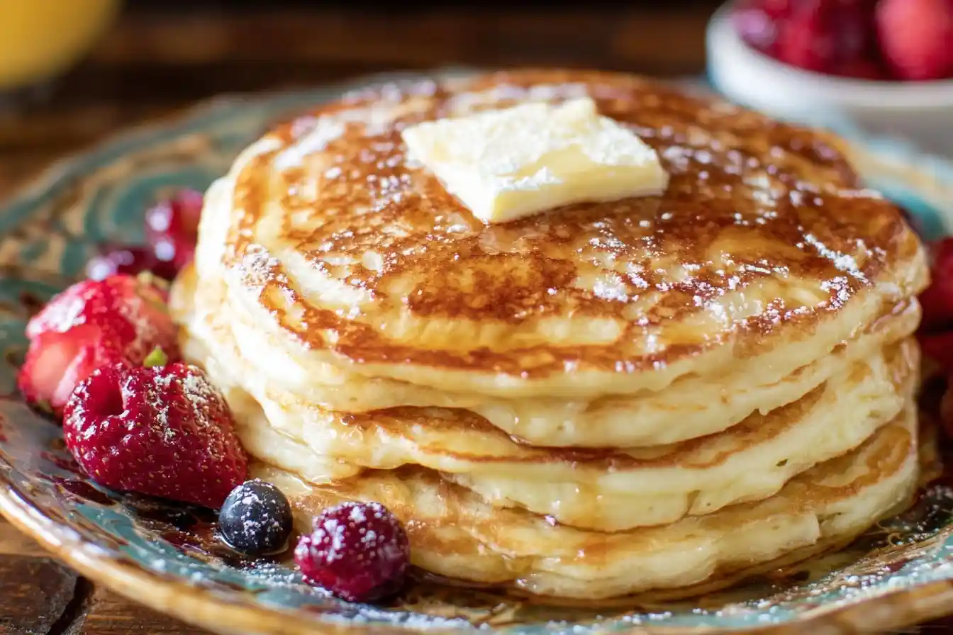 A tall stack of fluffy buttermilk pancakes topped with a pat of butter, powdered sugar, and fresh berries on a decorative plate.