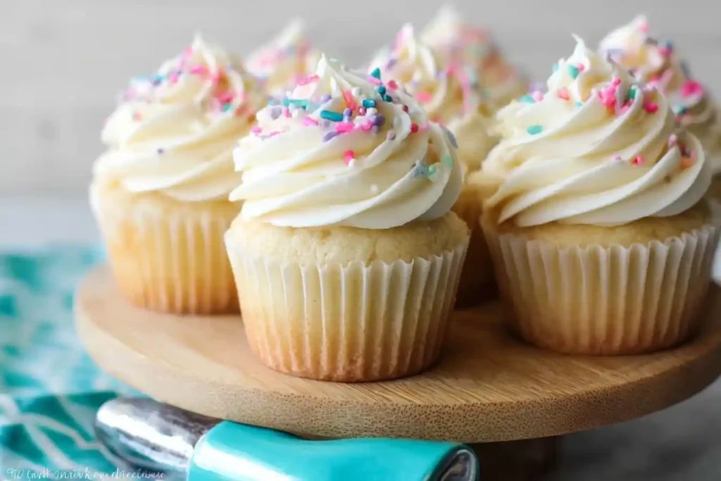 Fluffy vanilla cupcakes topped with creamy white frosting and colorful sprinkles on a wooden stand.
