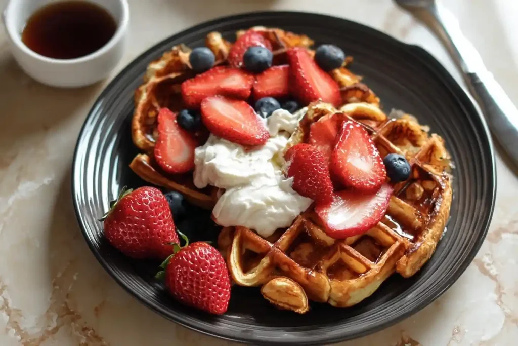 A dark plate holding golden-brown croffles from a delicious croffle recipe, topped with whipped cream, strawberries, and blueberries.