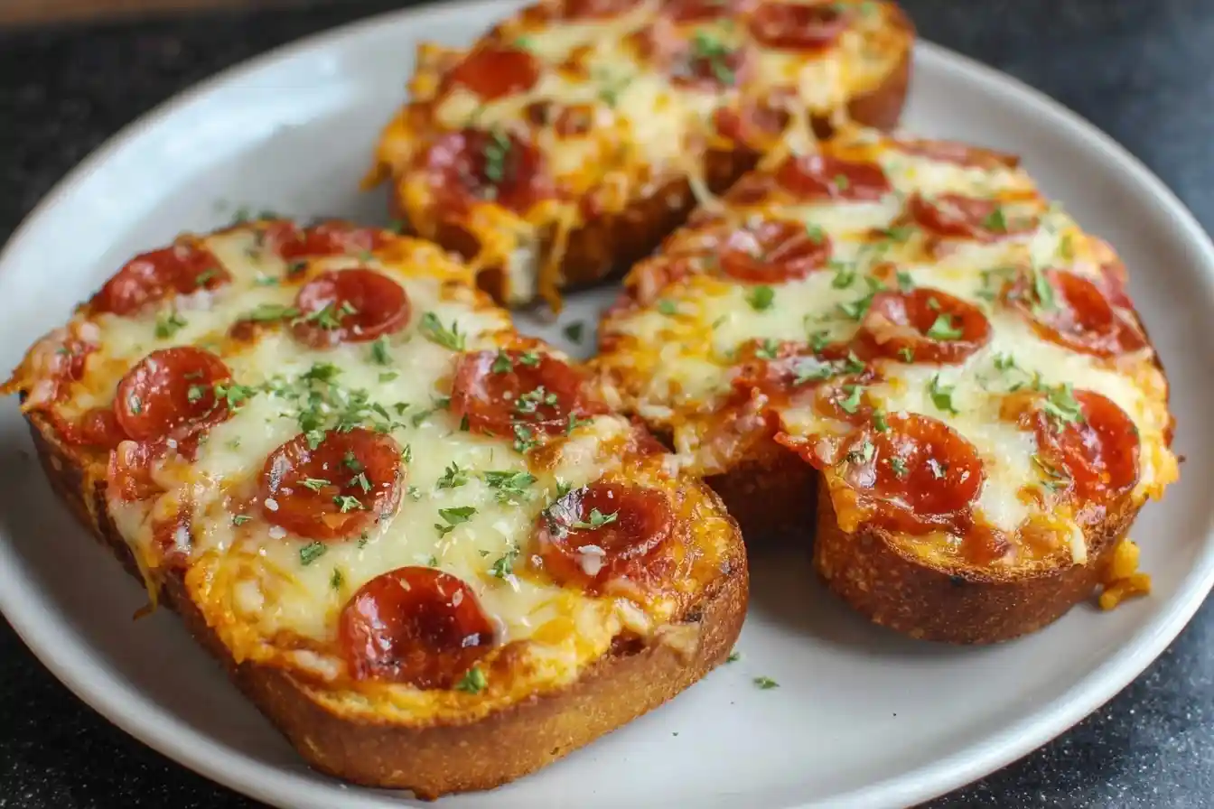 Three slices of cheesy pepperoni Texas Toast Pizza garnished with parsley on a white plate.