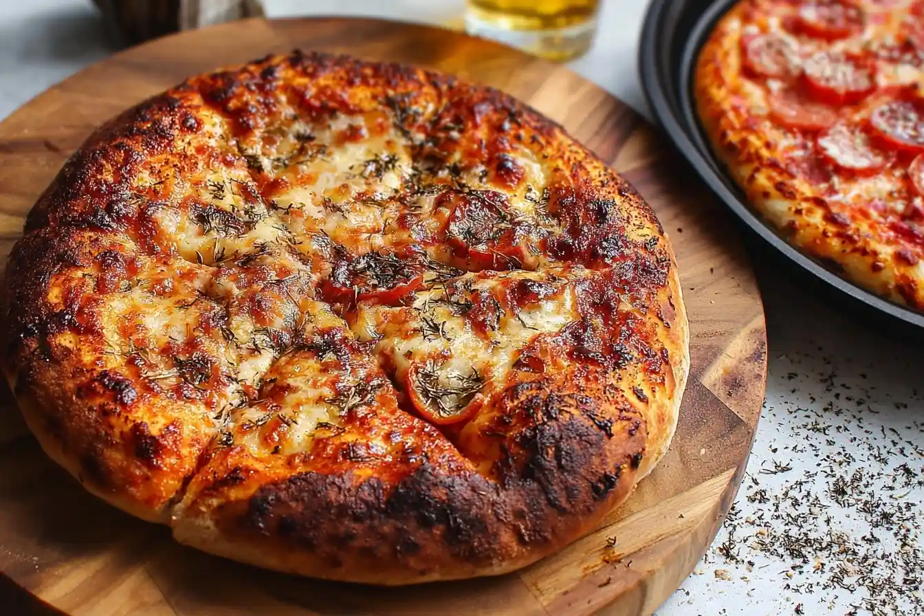 Golden brown pan pizza topped with melted cheese and savory herbs served on a wooden board.