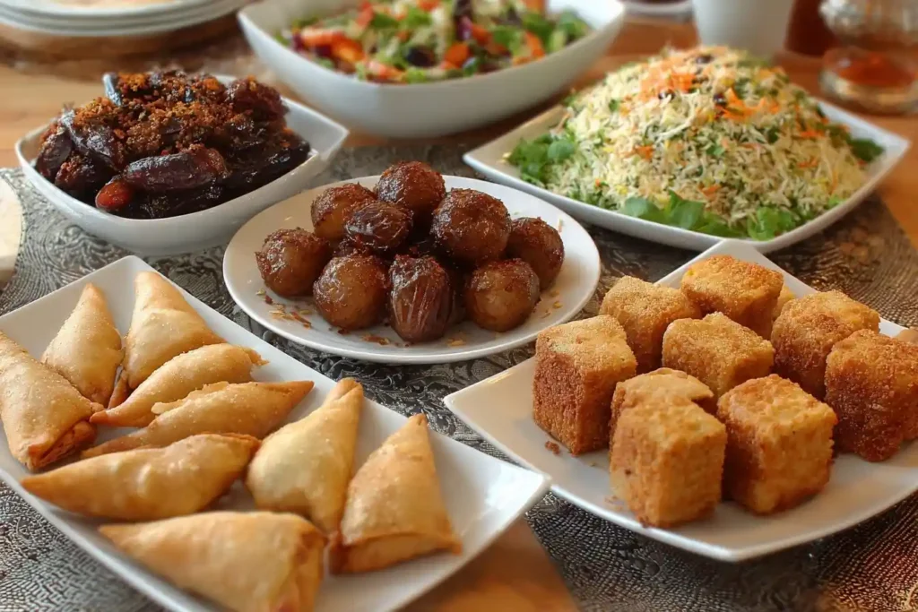 A festive food spread featuring Ramadan Iftar recipes including samosas, dates, rice, and appetizers.