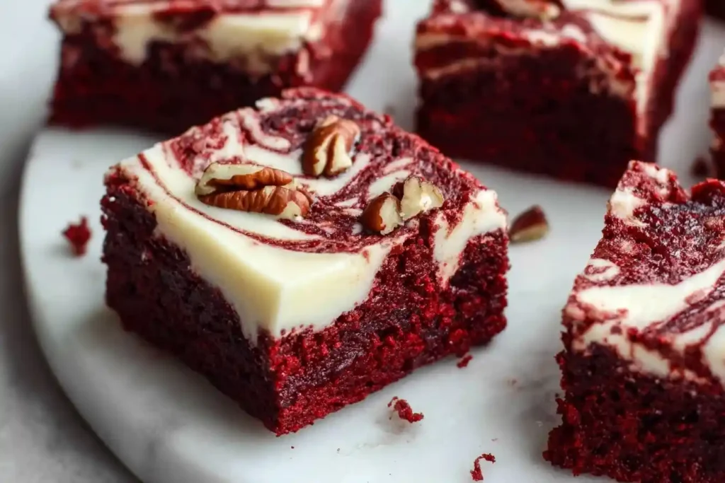 Close-up of a fudgy Red Velvet Cheesecake Brownie with a cream cheese swirl and pecans on a marble plate.