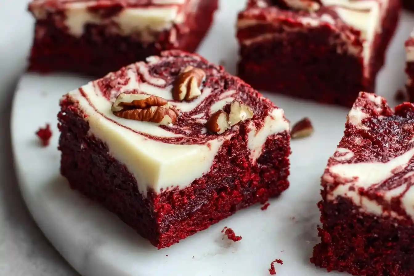 Close-up of a fudgy Red Velvet Cheesecake Brownie with a cream cheese swirl and pecans on a marble plate.